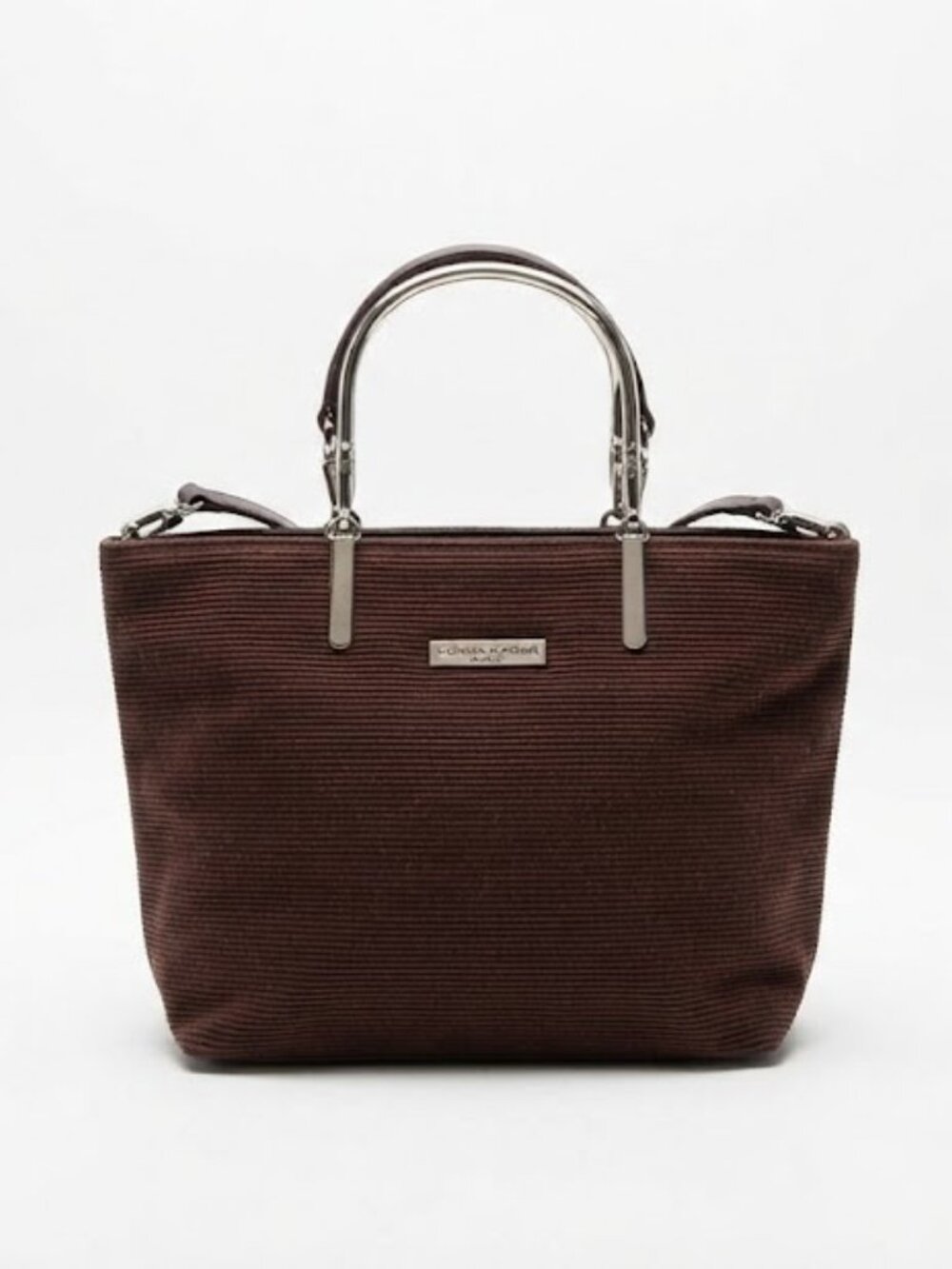 Donna Karan Brown Textured Canvas & Leather Trim Shoulder Bag Purse